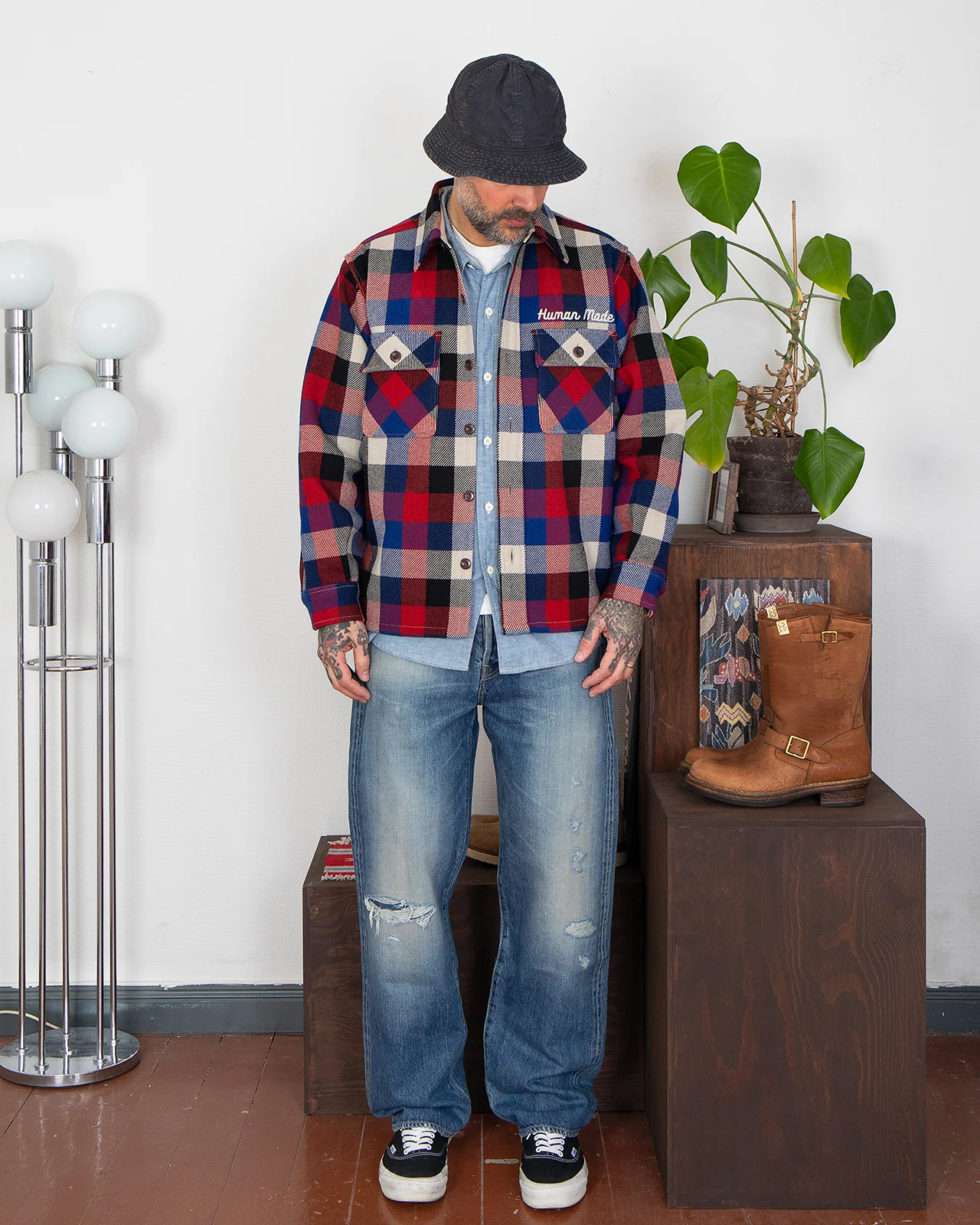 Human Made Wool Check Shirt Jacket, Red - Image 2