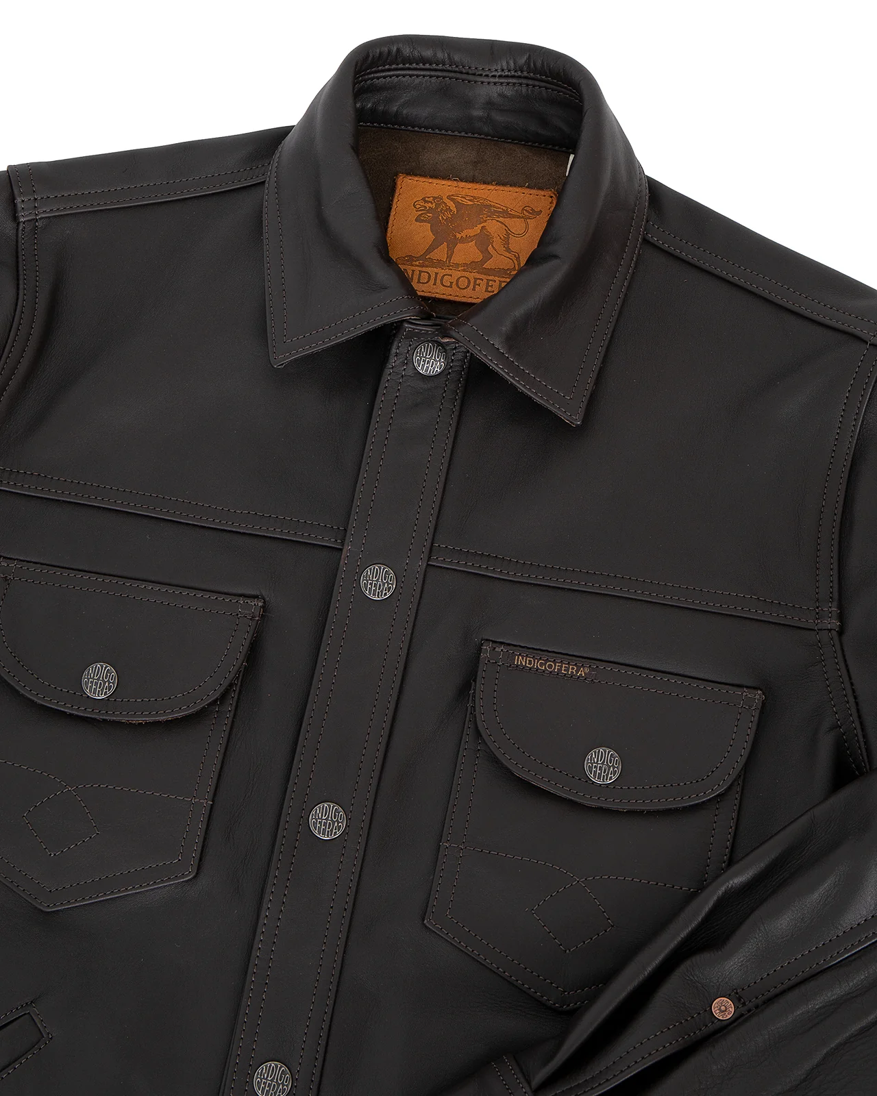 Indigofera Fargo Trucker Jacket, Brown Leather - Image 2