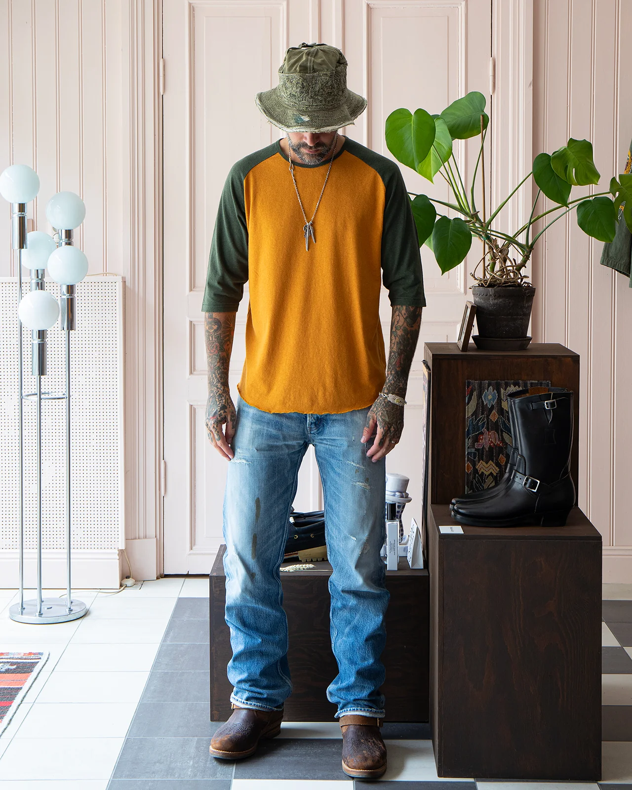 Indigofera Leon Raglan Sweater, Orange / Green Resin - Image 2