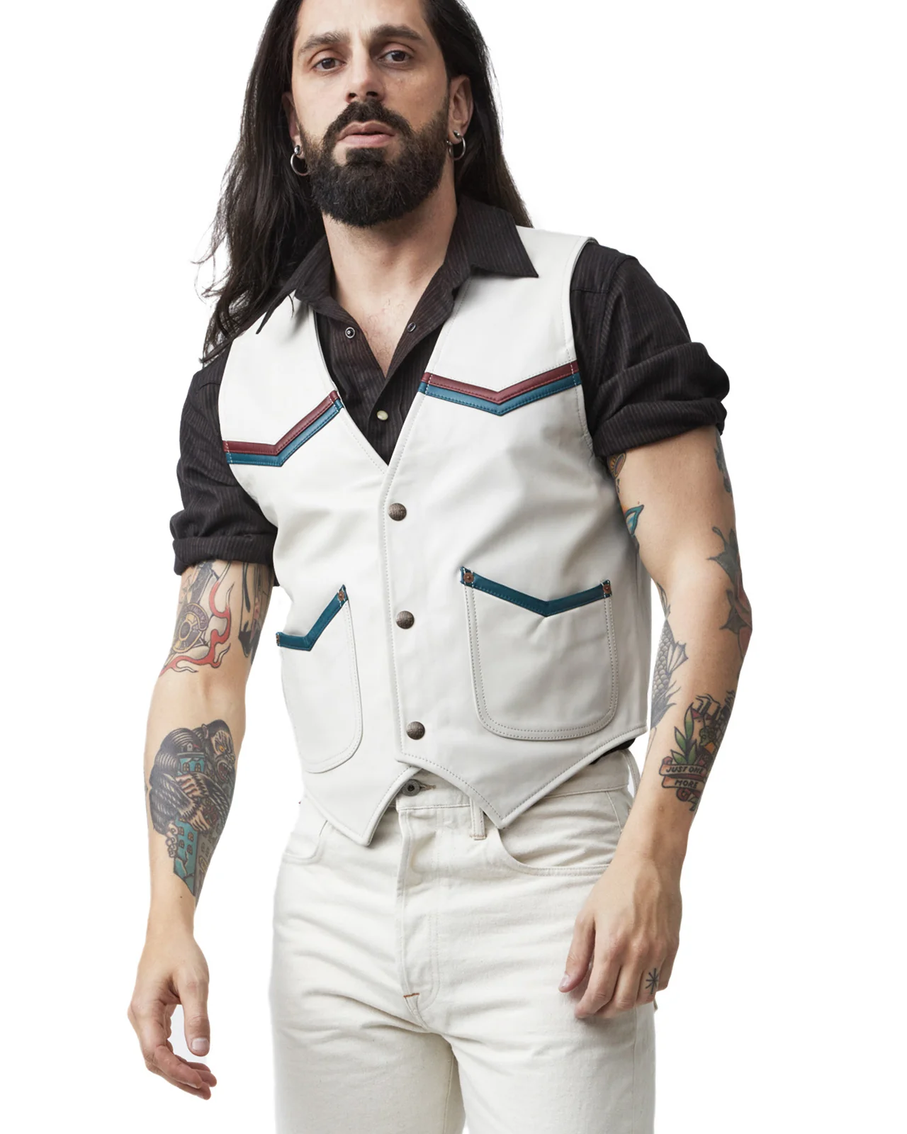 Indigofera Mahan Leather Vest, White Navak, White Teacore - Image 4