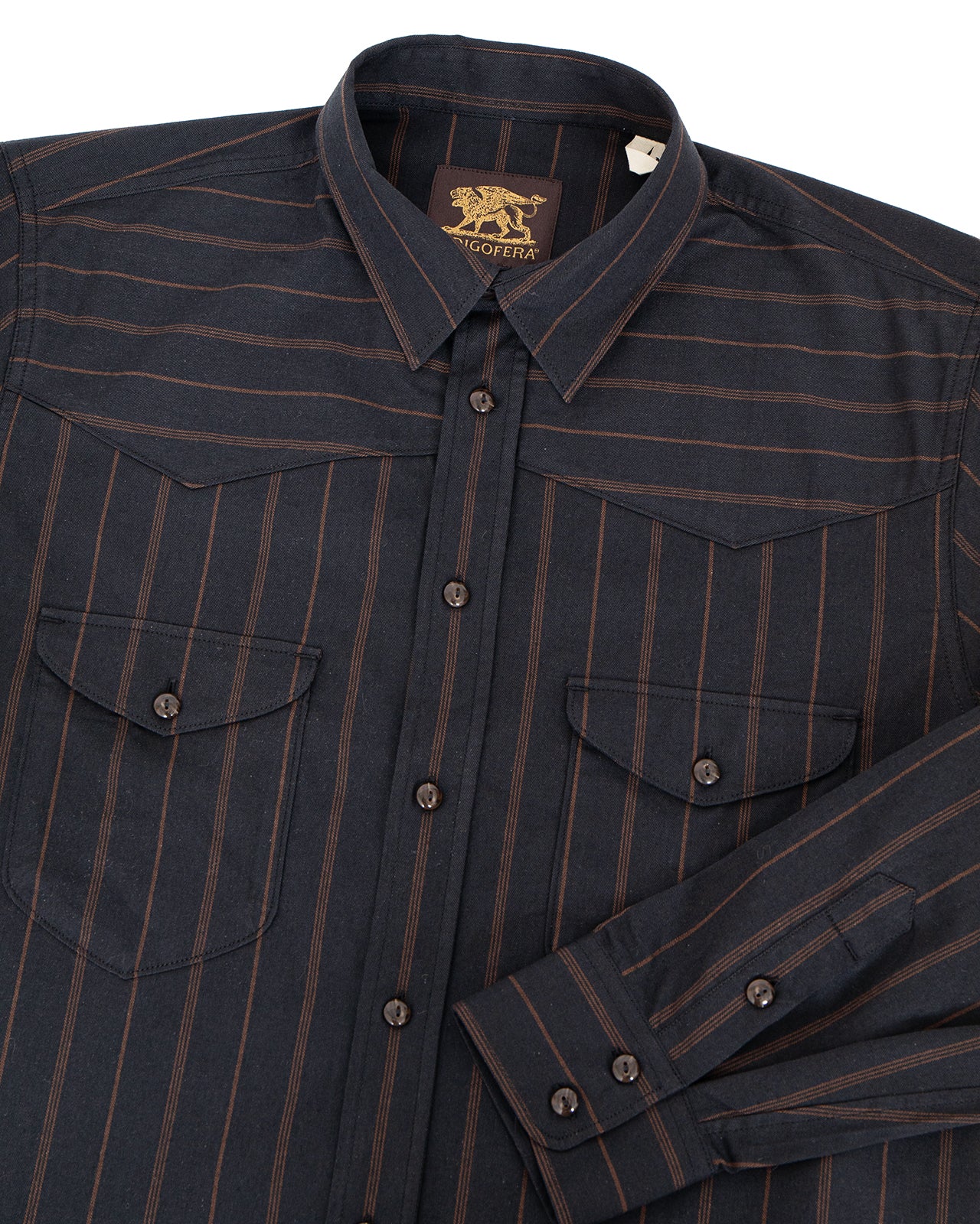 Indigofera Manolito Shirt, Cotton Stripe, Black / Brown - Image 2