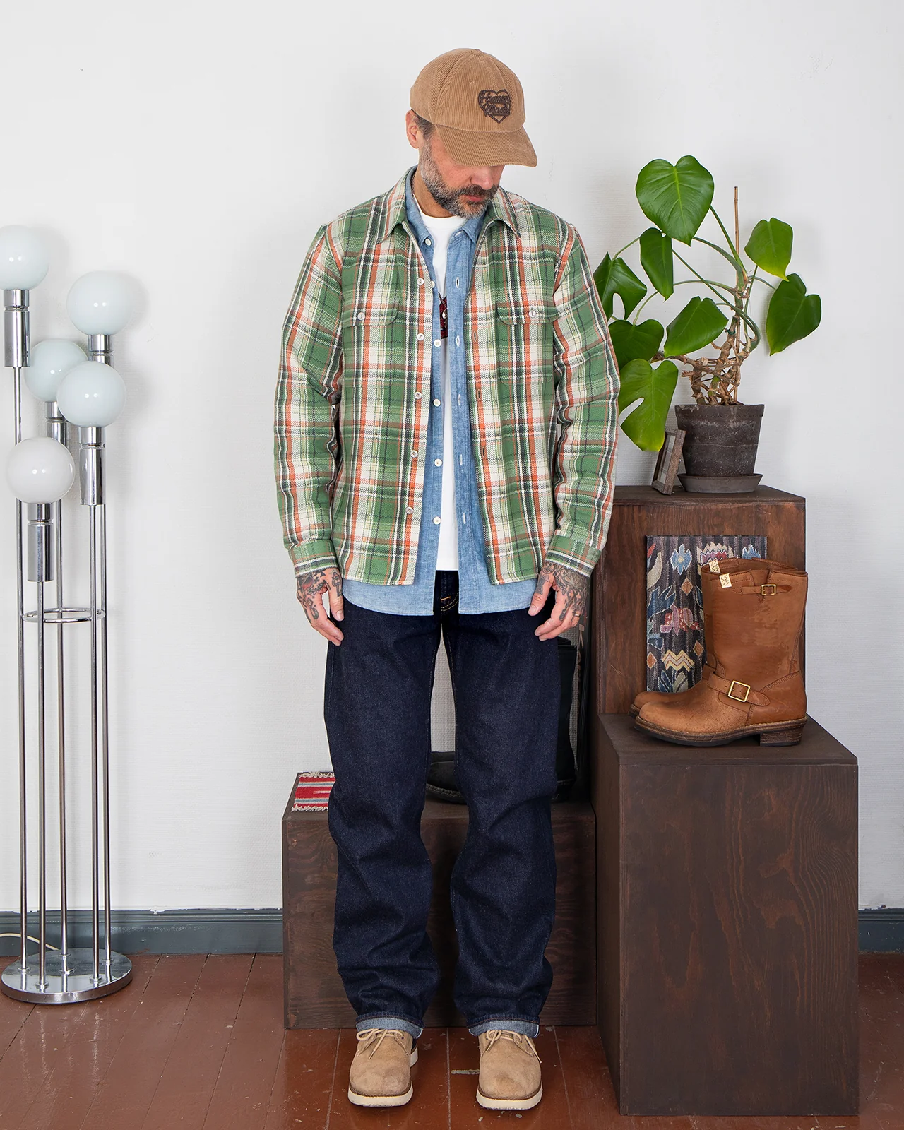 Indigofera Webster Shirt, Jacquard Flannel, Green / Beige Check - Image 2