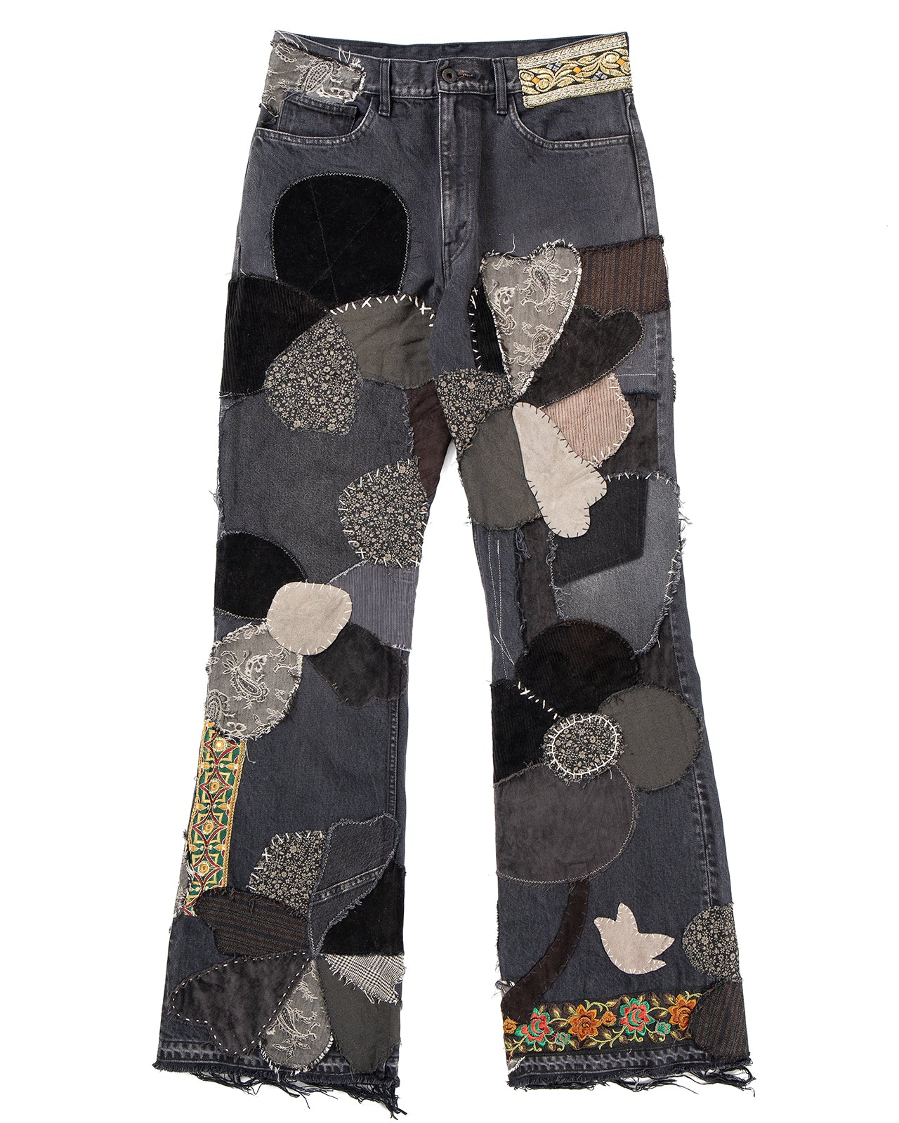 Kapital 14oz BLKxBLK Denim 5P Rat Flare Pants, Hippie-Insane Remake