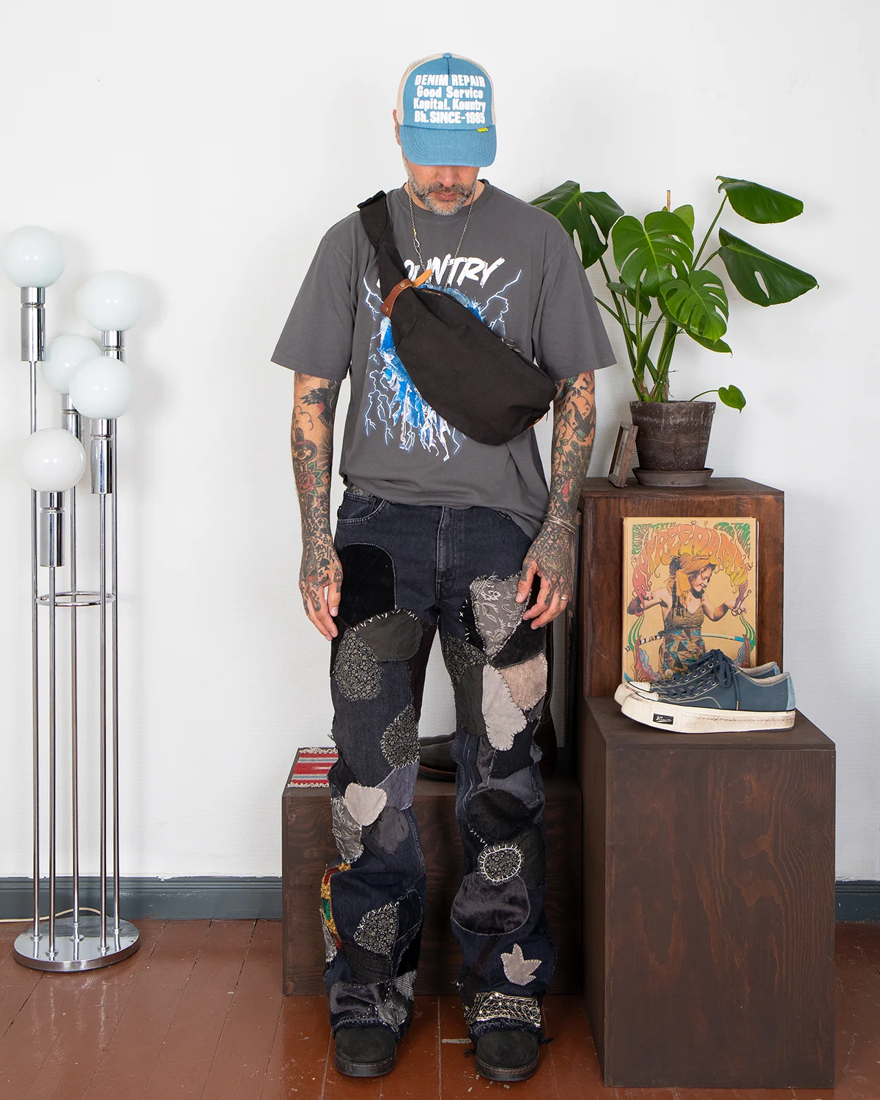 Kapital 14oz BLKxBLK Denim 5P Rat Flare Pants, Hippie-Insane Remake - Image 2