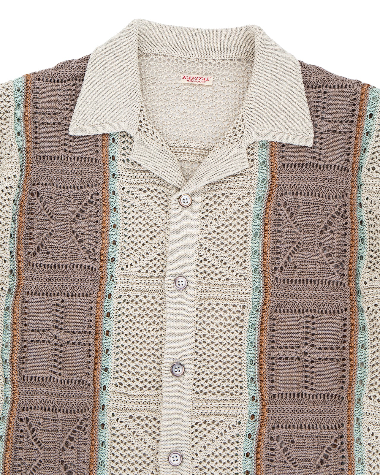Kapital 7G Crochet Knit Tennessee Aloha Polo, Beige - Image 4