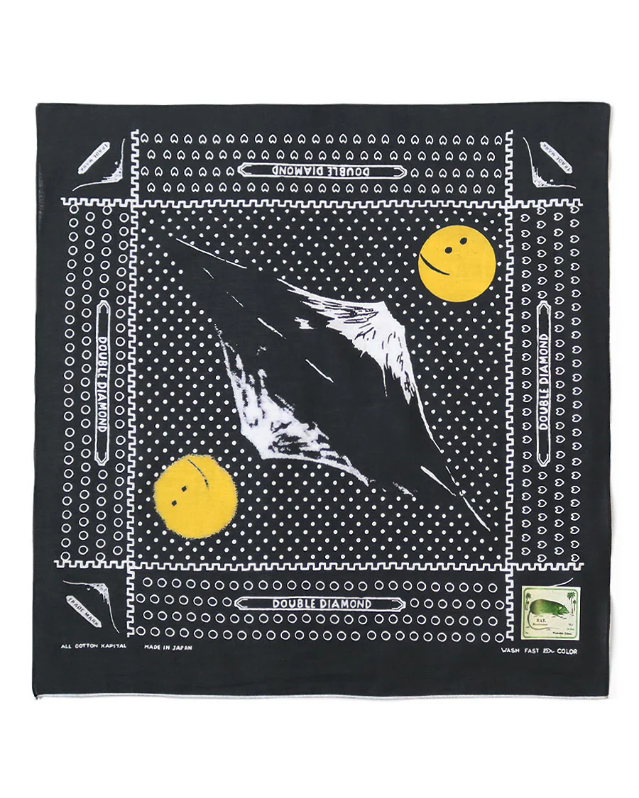 Kapital Fastcolor Selvedge Bandana, Mirrored Fuji Profile Rainbowy, Black