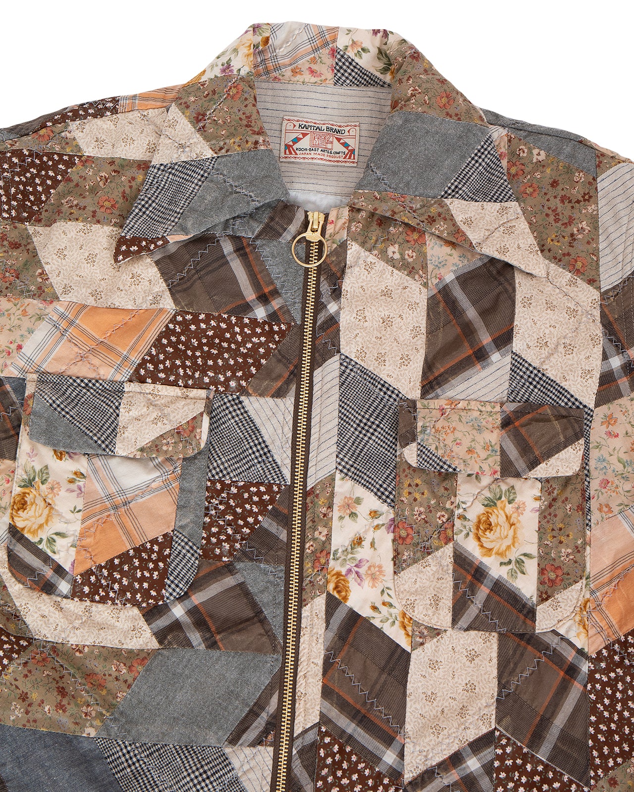 Kapital Yabane Quilt Patchwork Drizzle Open Collar Shirt, Brown - Image 3